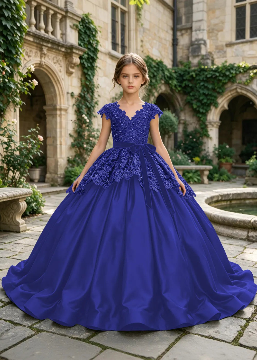 Floral Lace Satin Ball Gown for Girls