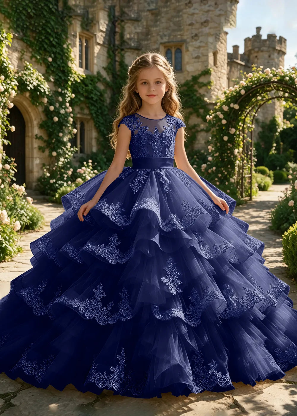 Cascading Lace Ruffle Flower Girl Ball Gown