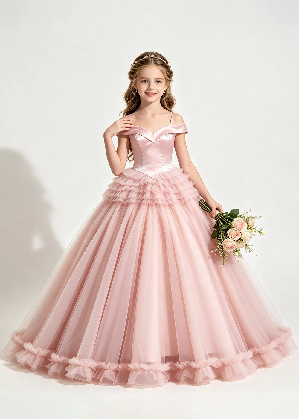 Off-Shoulder Satin Princess Ball Gown for Girls