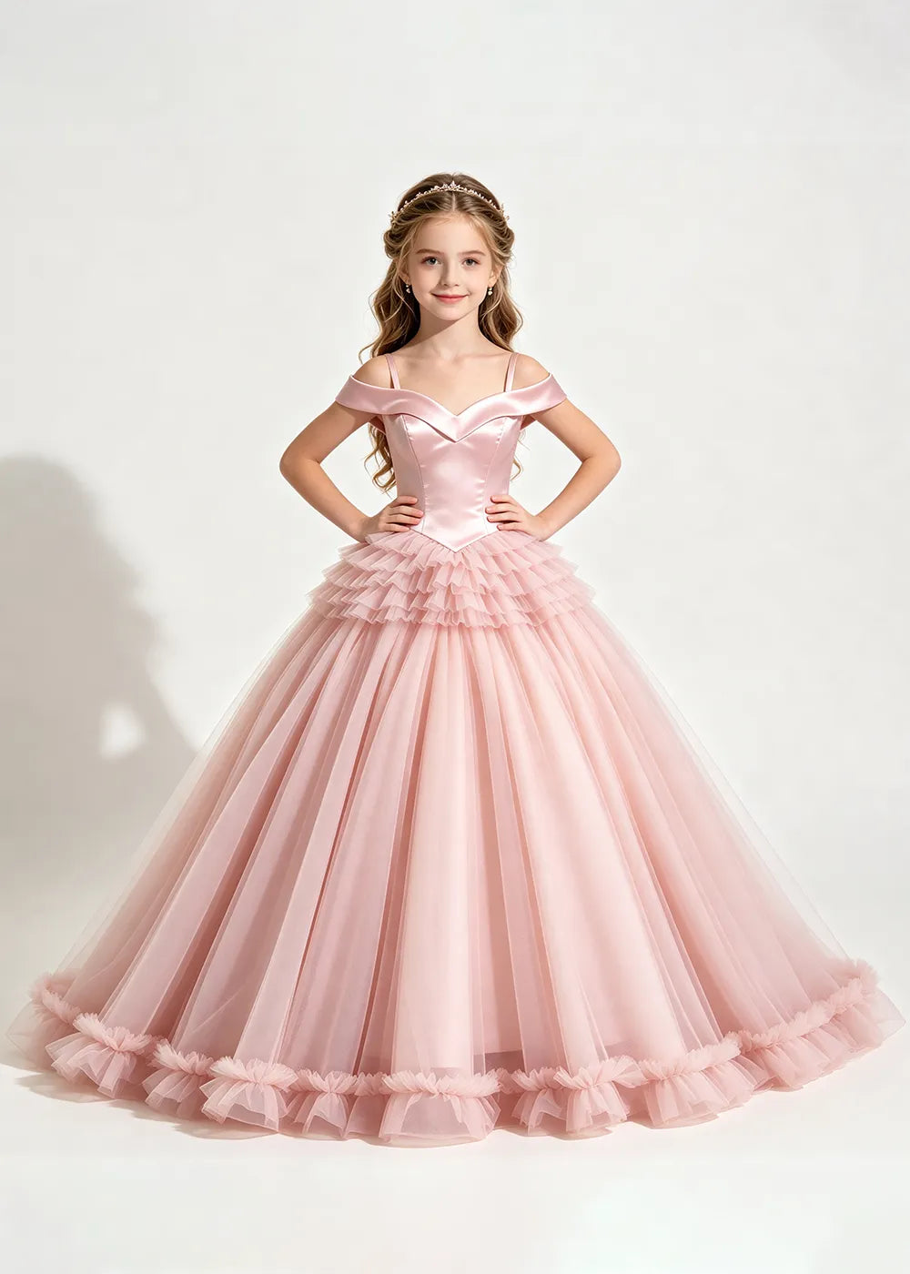 Off-Shoulder Satin Princess Ball Gown for Girls