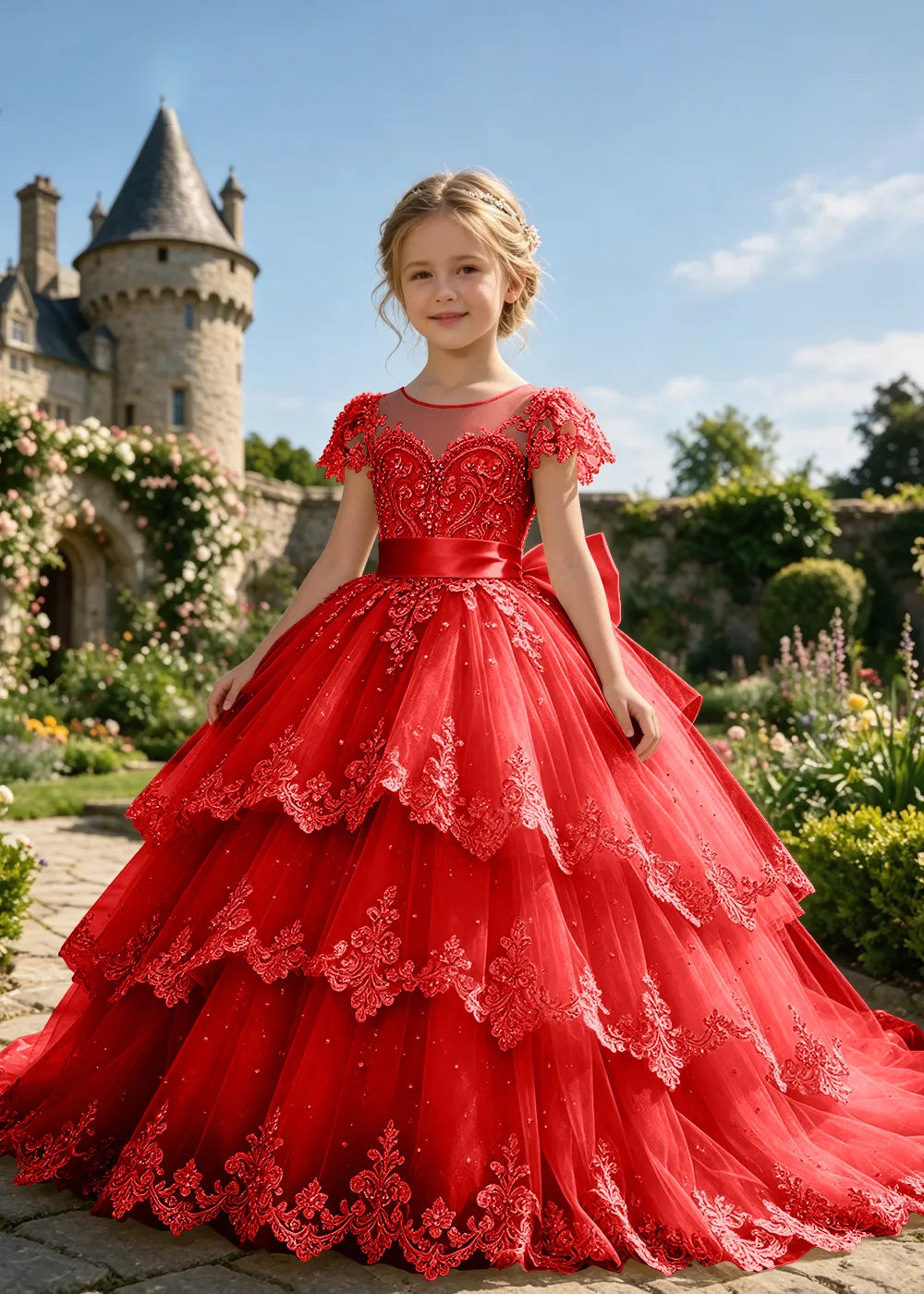 Tiered Lace Flower Girl Ball Gown with Satin Bow