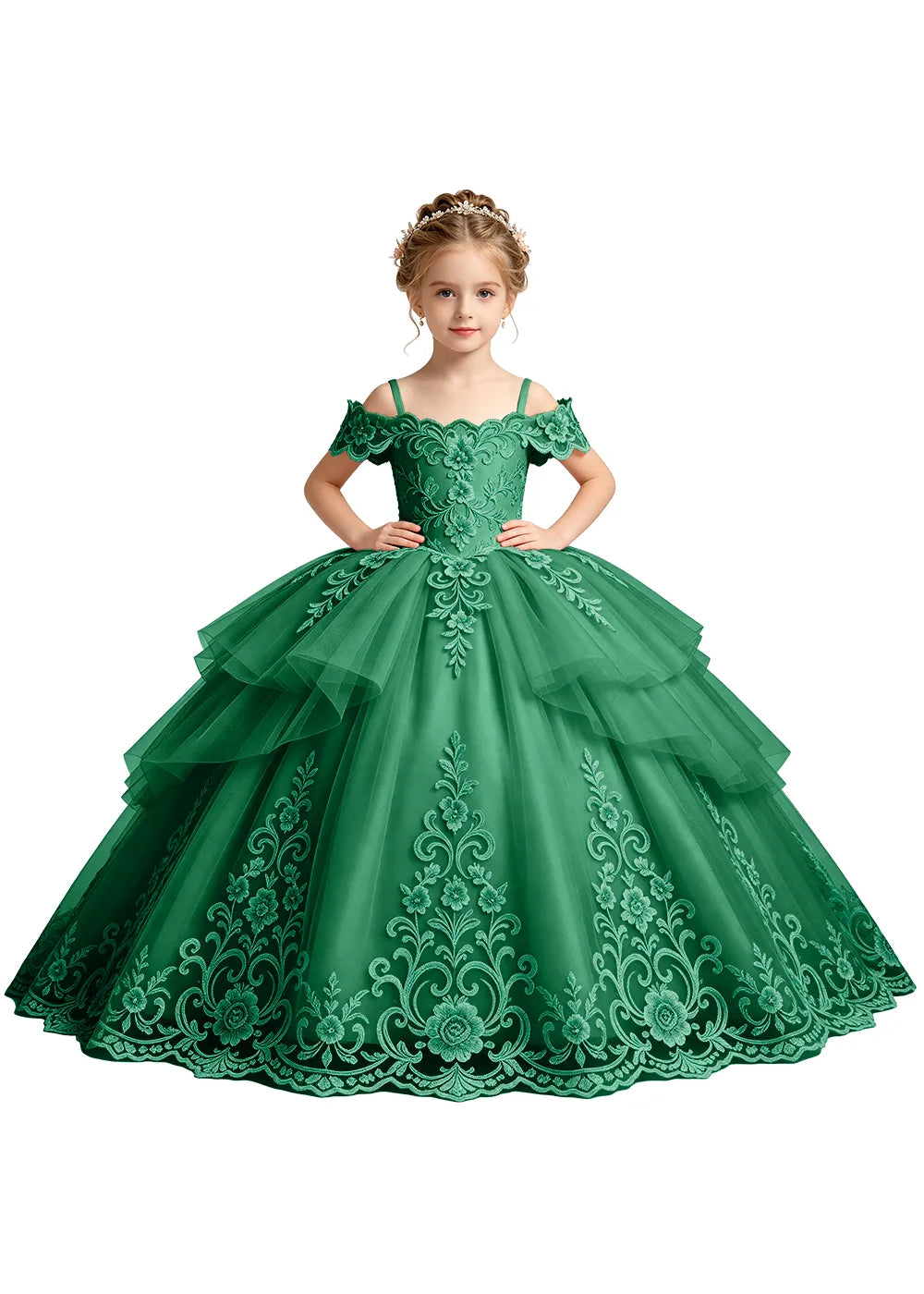 Tiered Floral Lace Princess Ball Gown for Girls