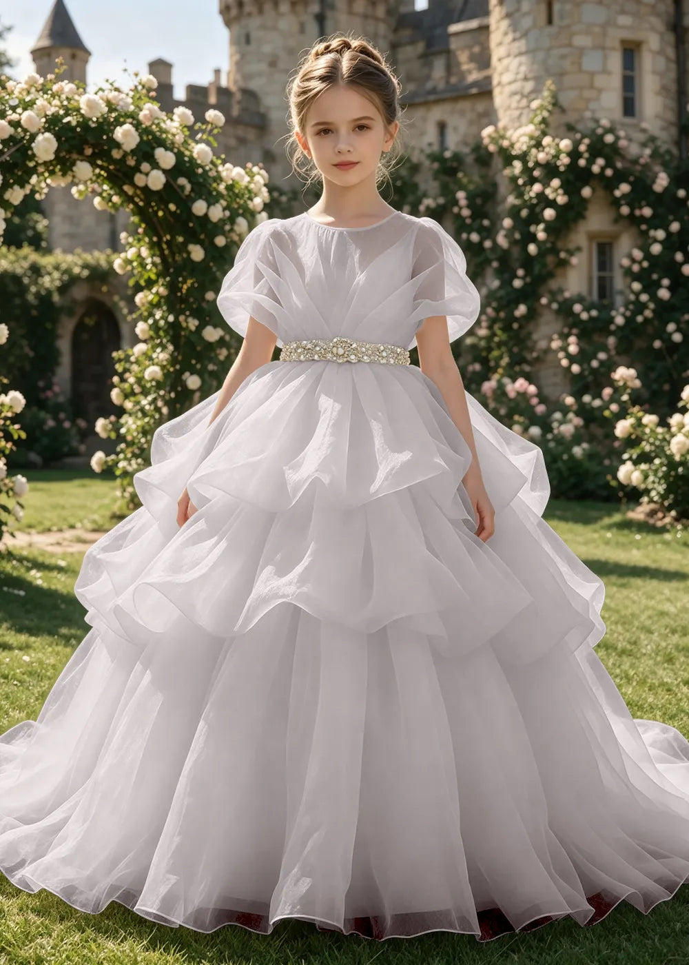 Jeweled Waist Puff Sleeve Flower Girl Ball Gown