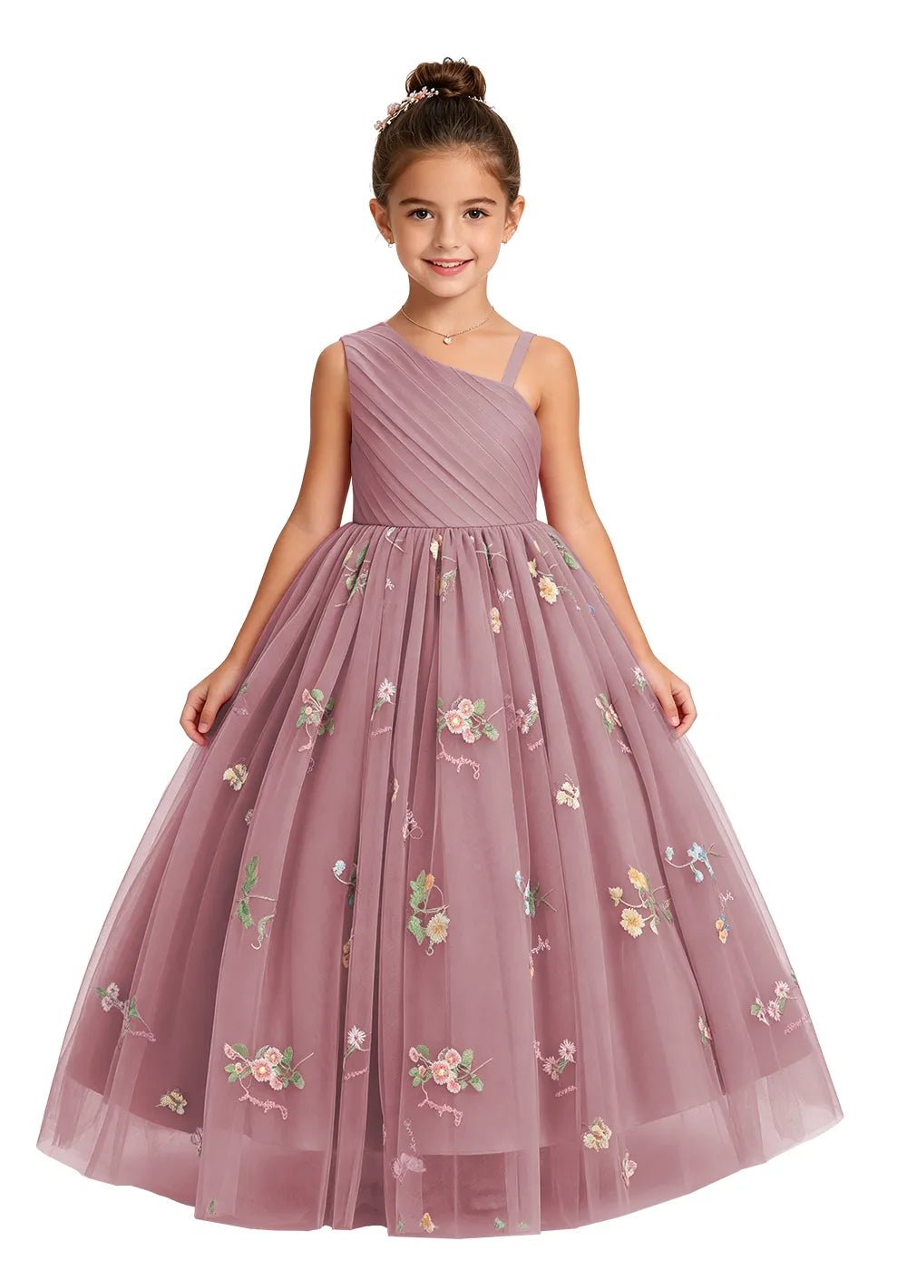 One-Shoulder Floral Tulle Flower Girl Dress