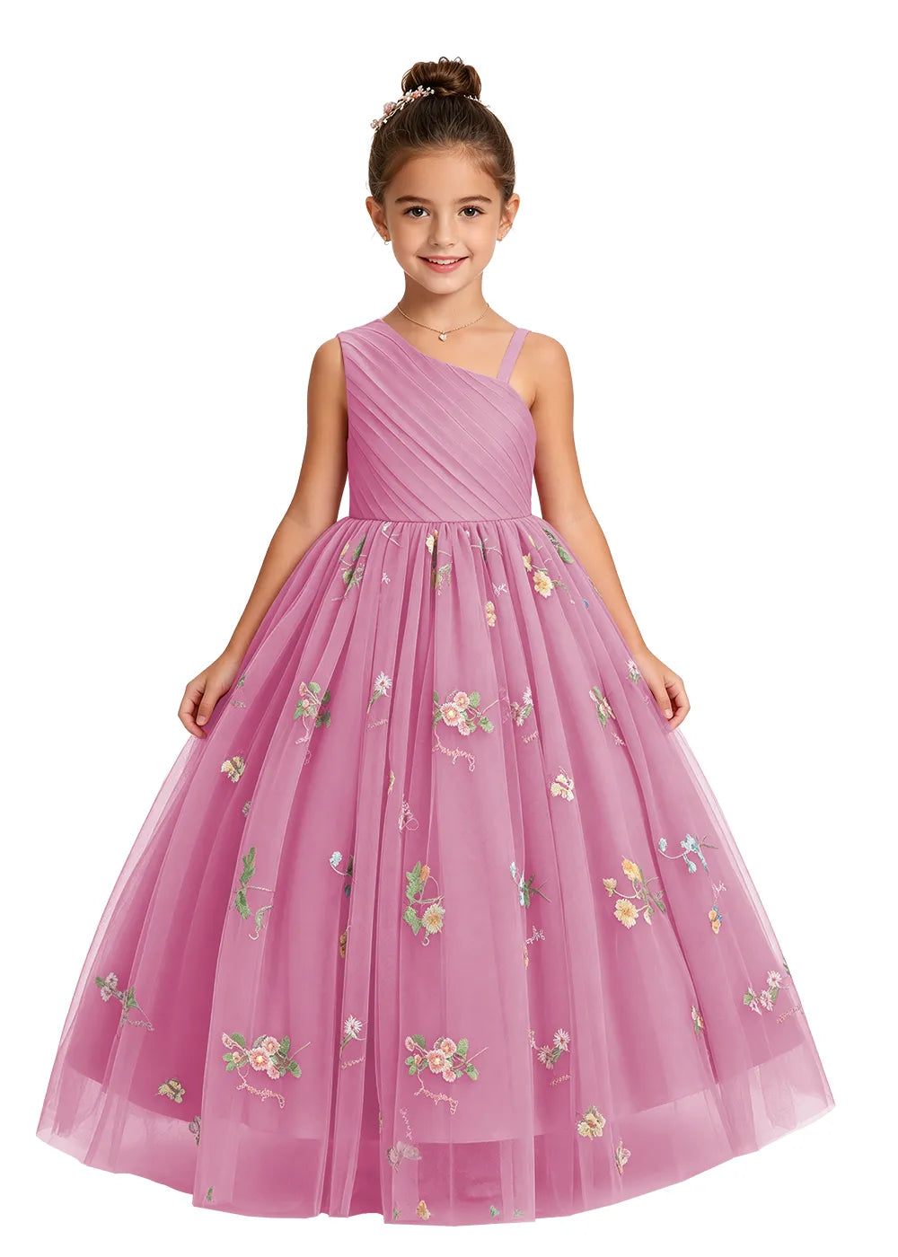 One-Shoulder Floral Tulle Flower Girl Dress