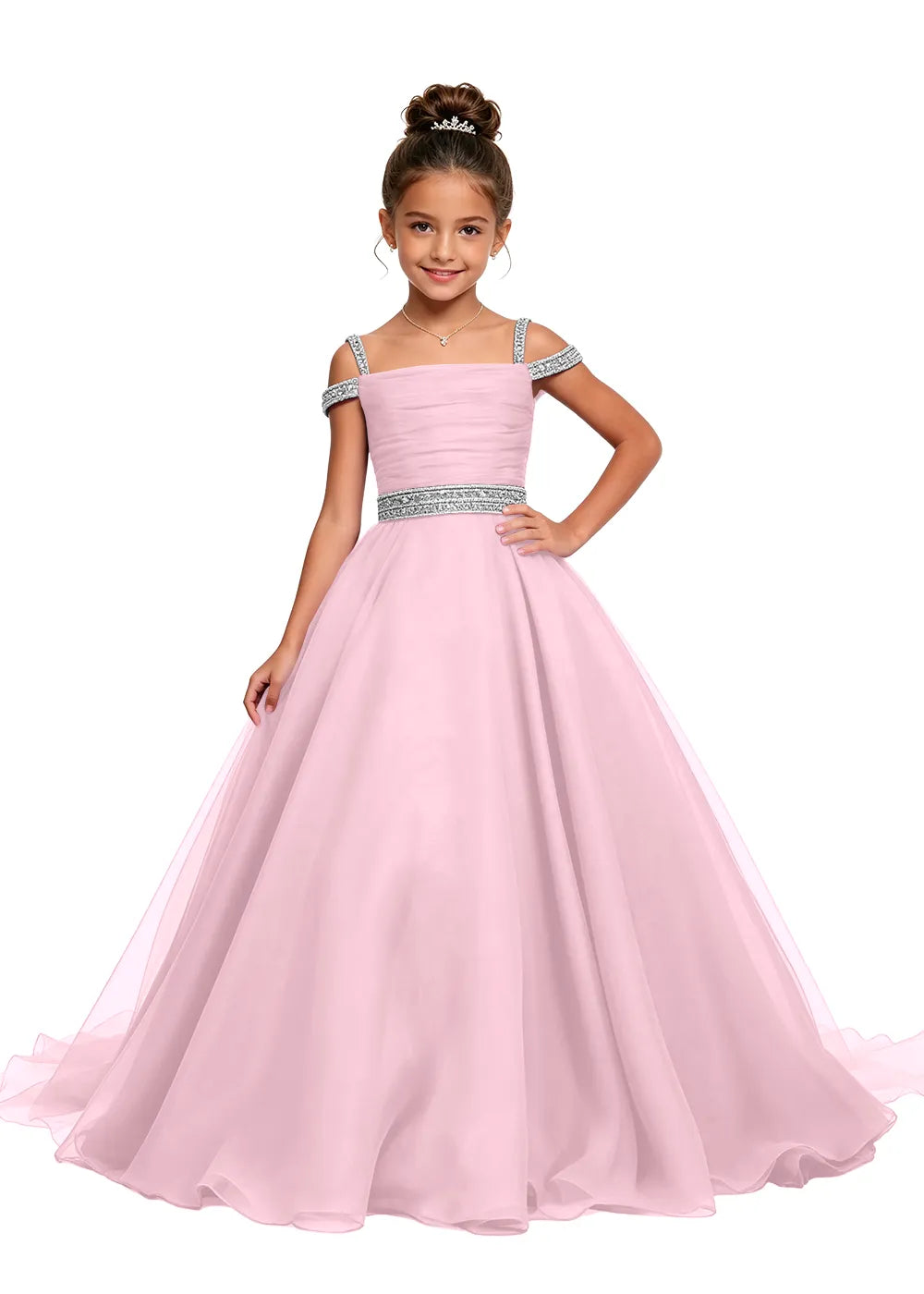 Beaded Strap Off-Shoulder Girls Ball Gown