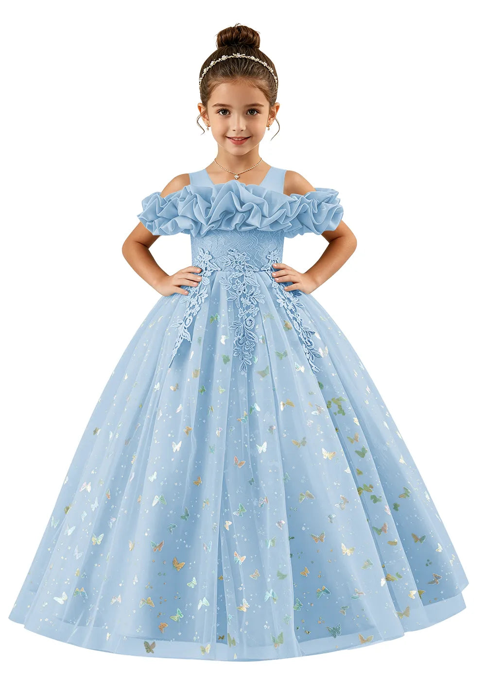 Off-Shoulder Butterfly Tulle Flower Girl Dress