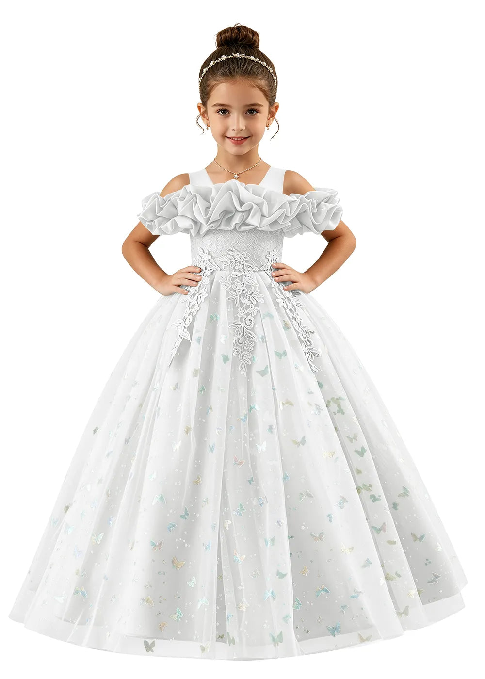 Off-Shoulder Butterfly Tulle Flower Girl Dress