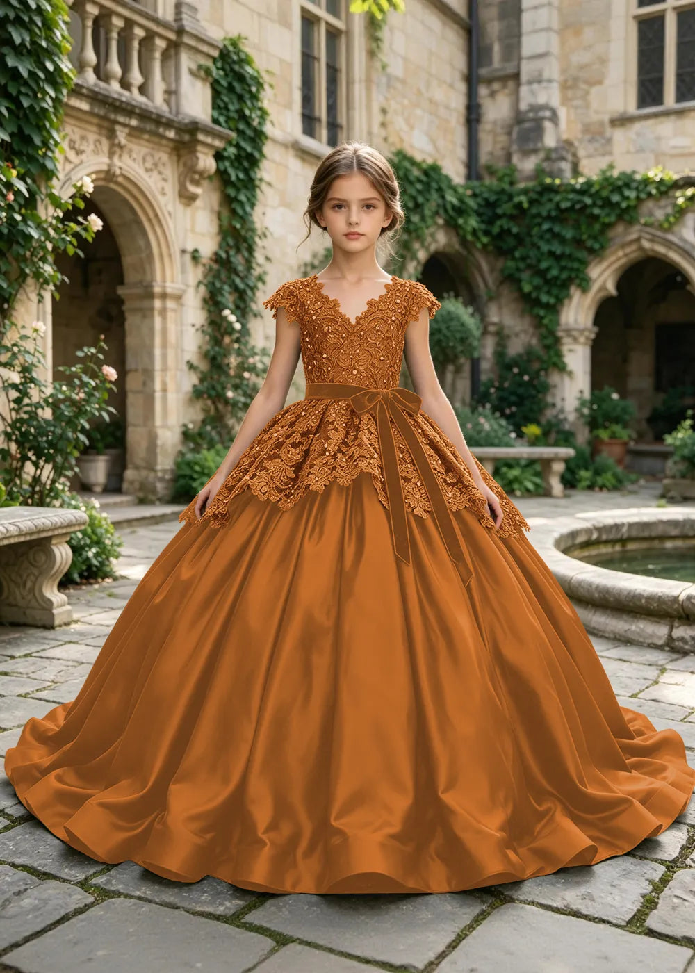 Floral Lace Satin Ball Gown for Girls