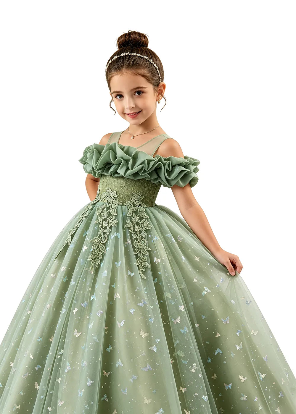 Off-Shoulder Butterfly Tulle Flower Girl Dress