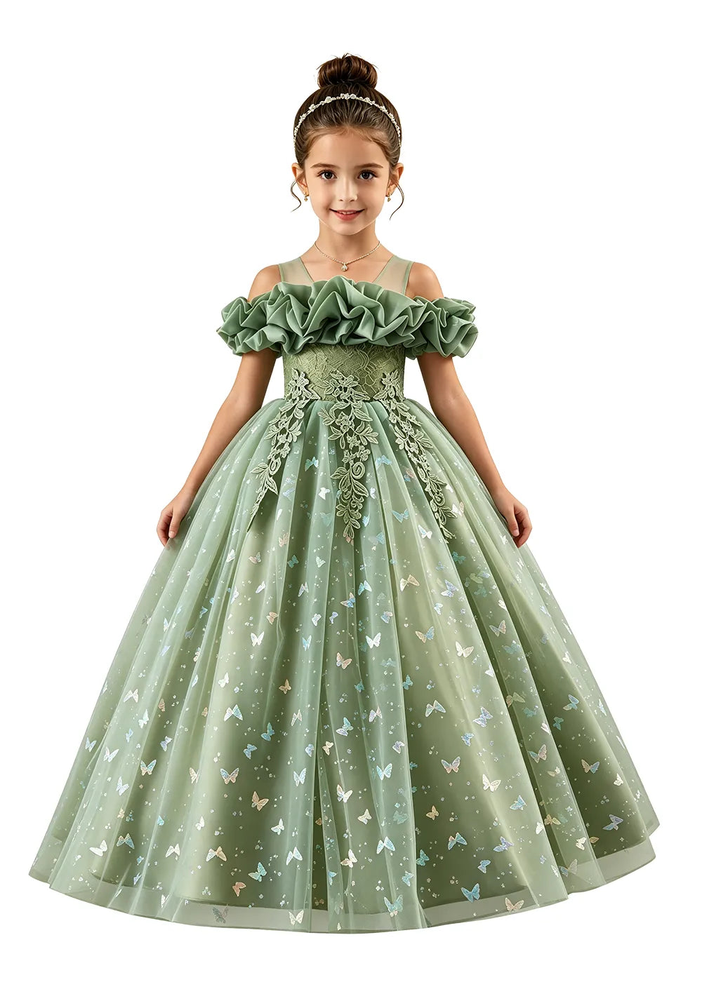 Off-Shoulder Butterfly Tulle Flower Girl Dress