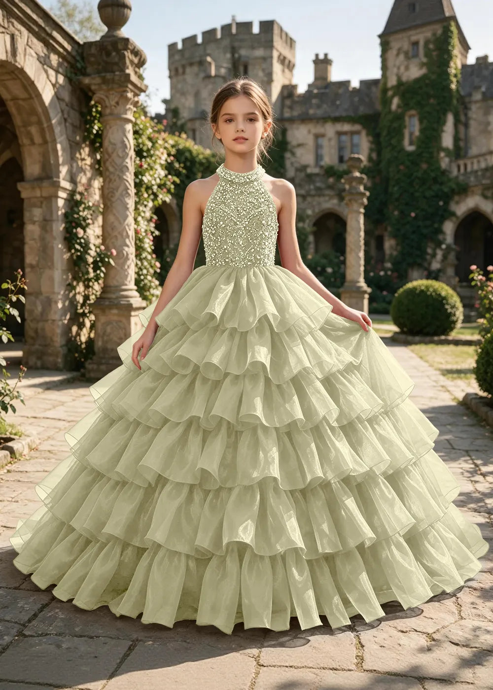 Halter Sequin Tiered Pageant Ball Gown for Girls