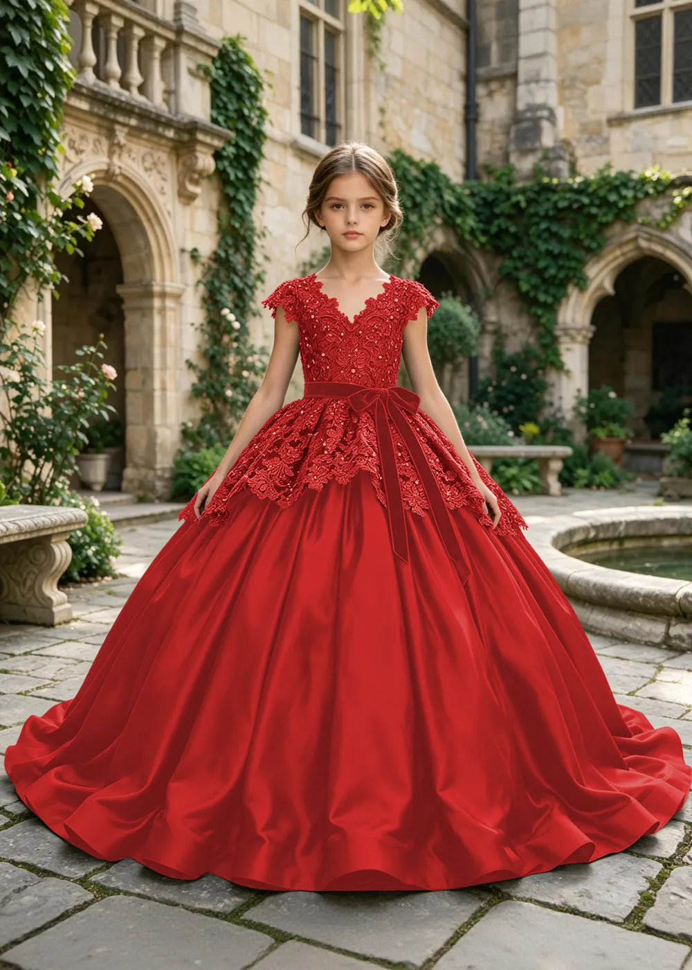 Floral Lace Satin Ball Gown for Girls