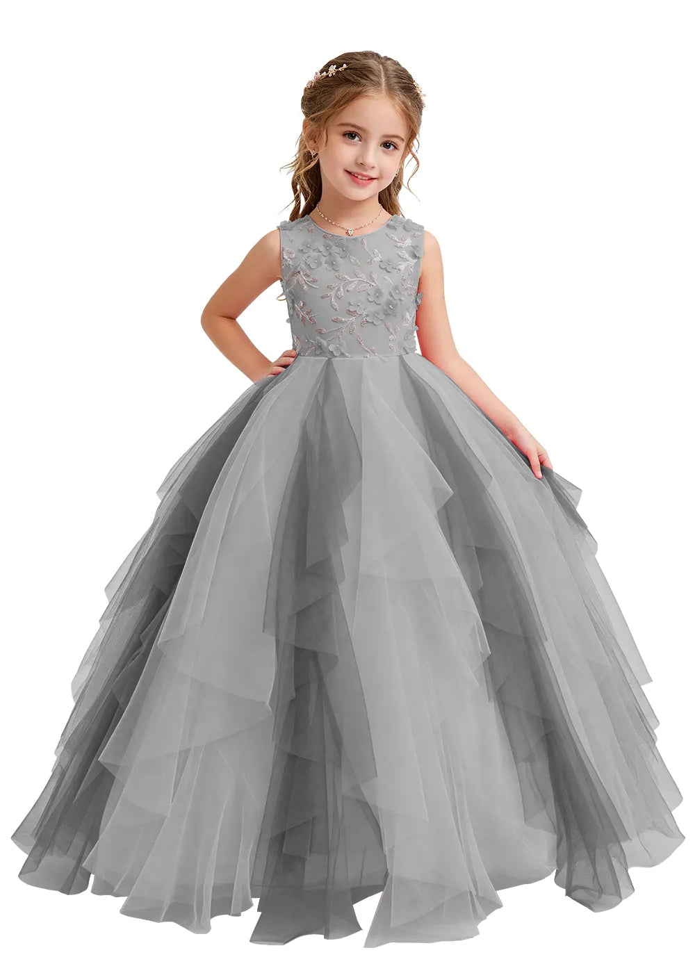 Floral Appliqué Ruffle Tulle Princess Dress