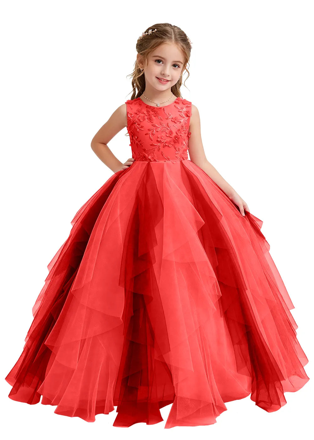 Floral Appliqué Ruffle Tulle Princess Dress