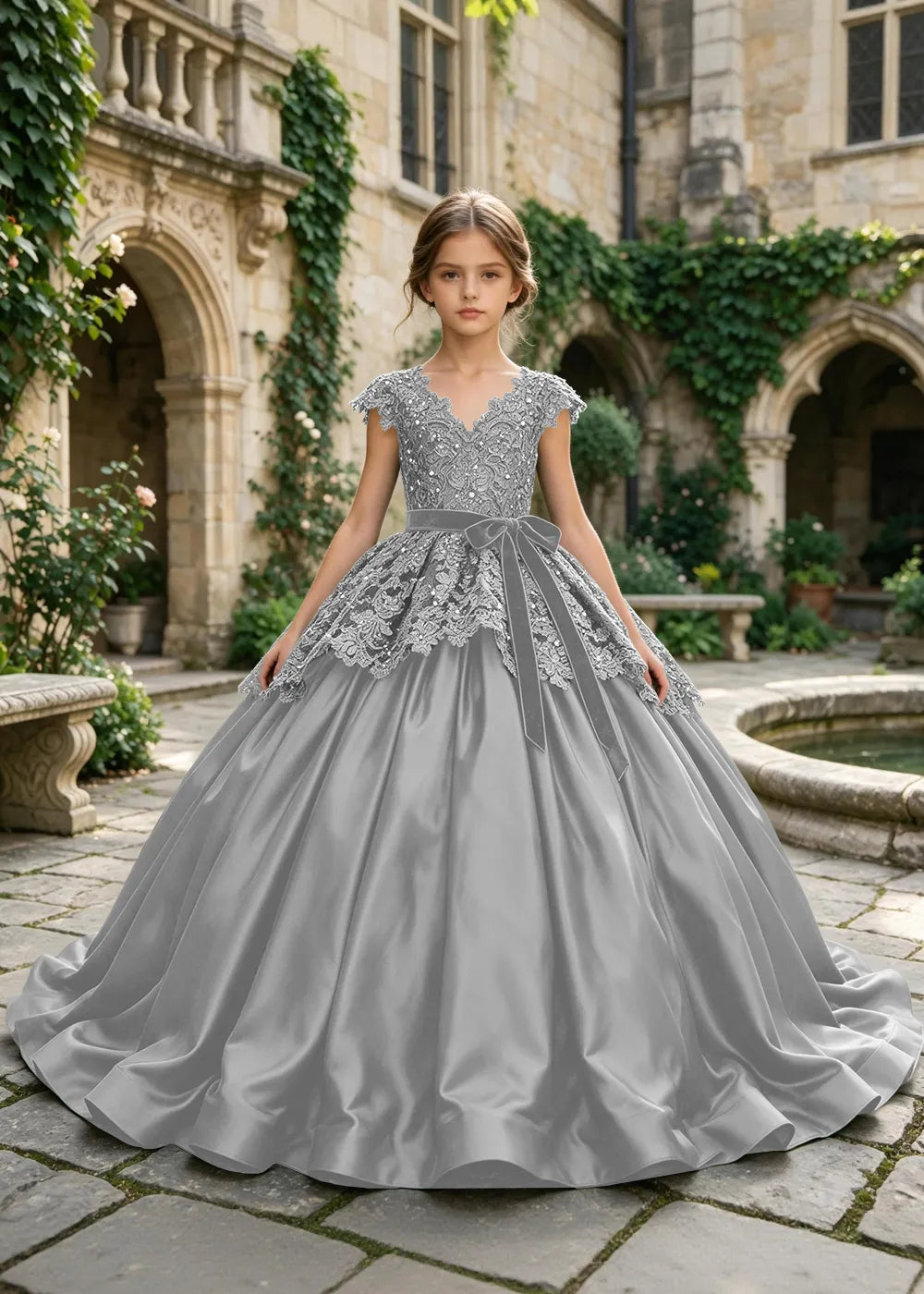 Floral Lace Satin Ball Gown for Girls