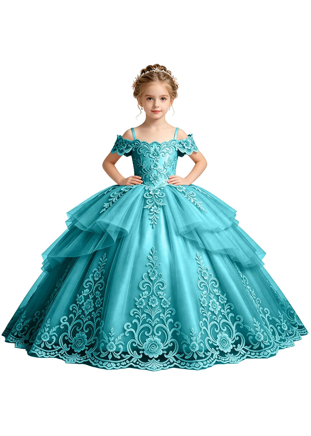 Tiered Floral Lace Princess Ball Gown for Girls