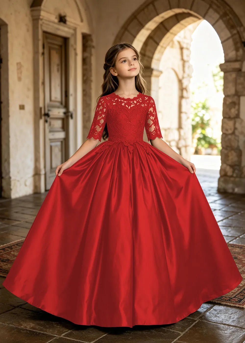 Floral Lace Satin Ball Gown for Girls