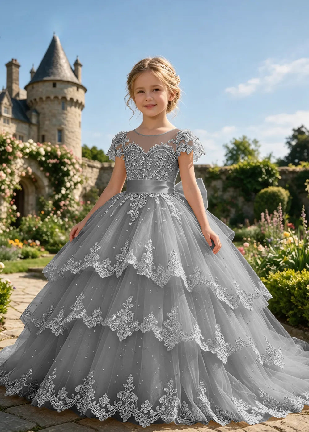 Tiered Lace Flower Girl Ball Gown with Satin Bow