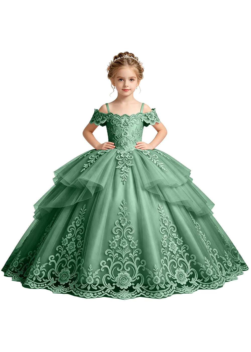 Tiered Floral Lace Princess Ball Gown for Girls