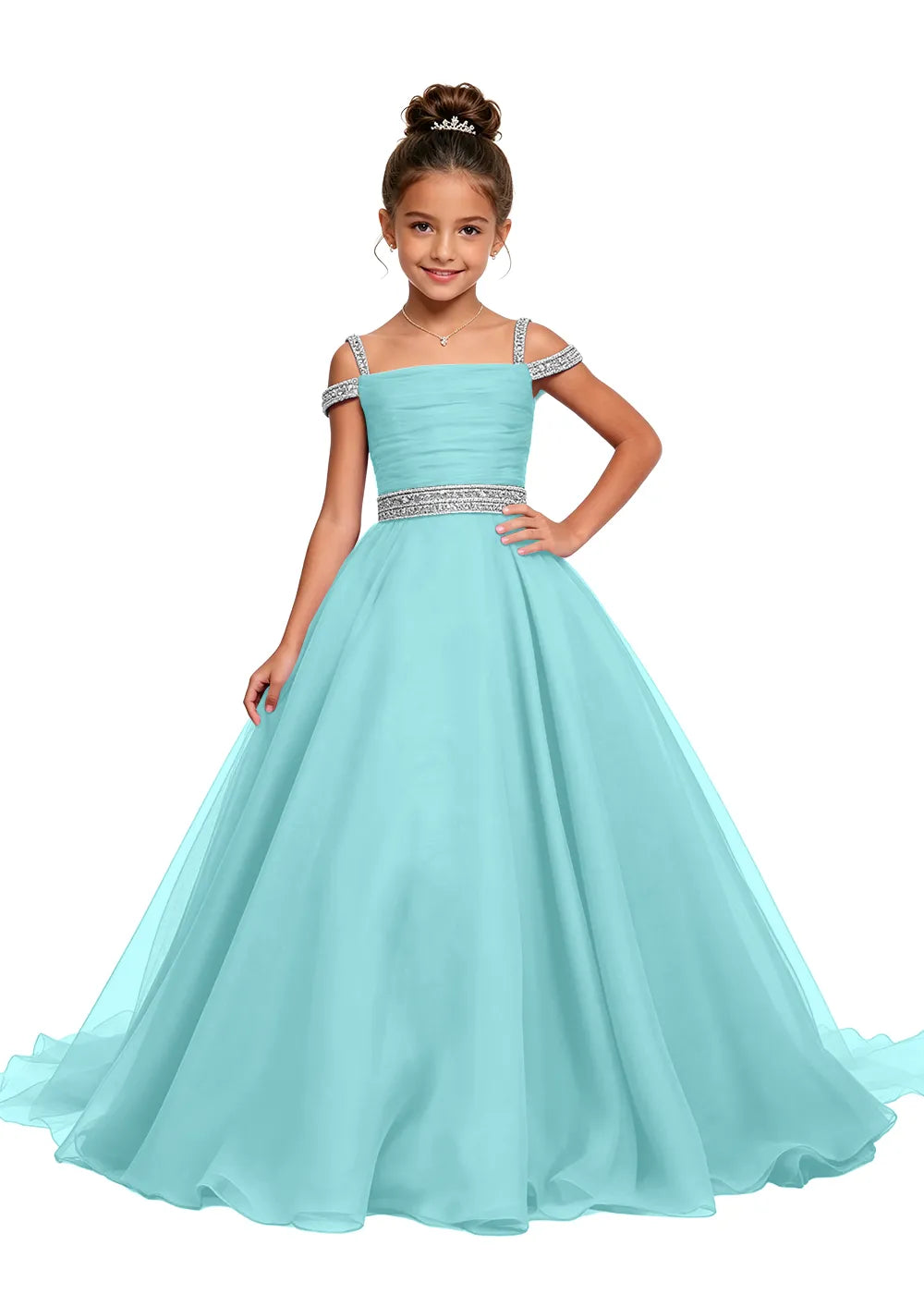 Beaded Strap Off-Shoulder Girls Ball Gown