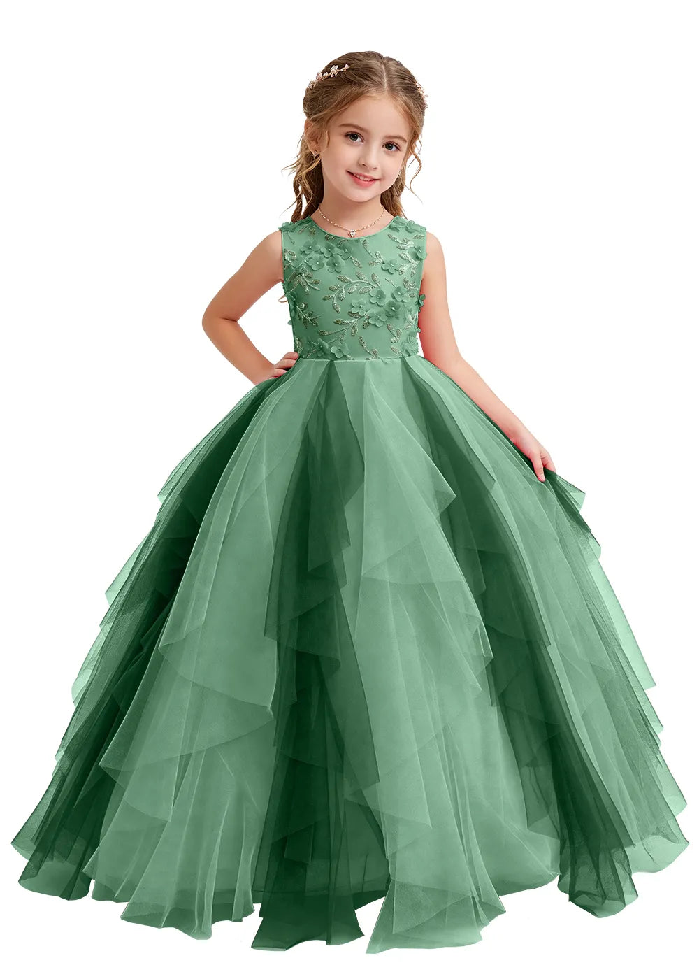 Floral Appliqué Ruffle Tulle Princess Dress