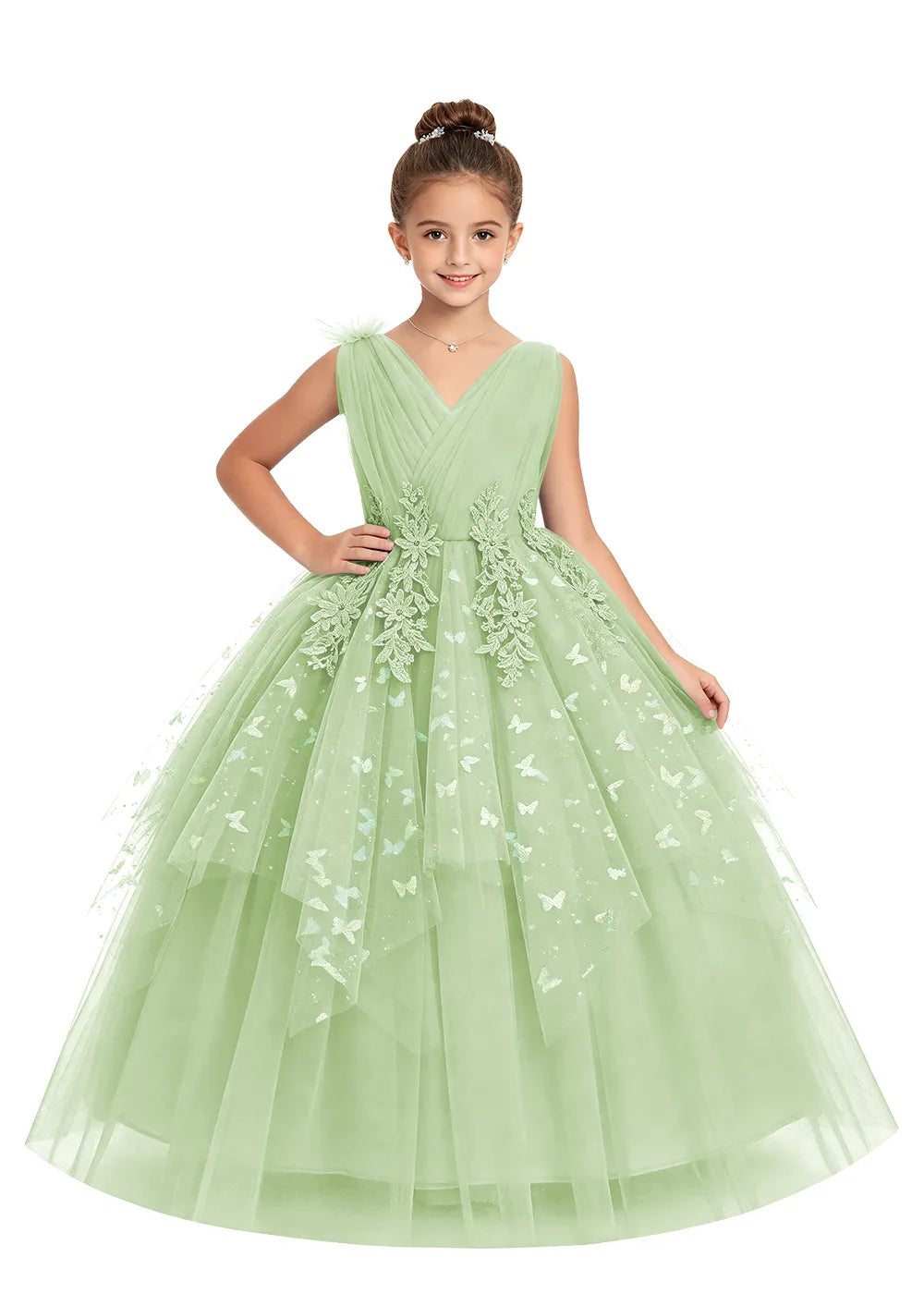 V-Neck Butterfly Flower Girl Dress