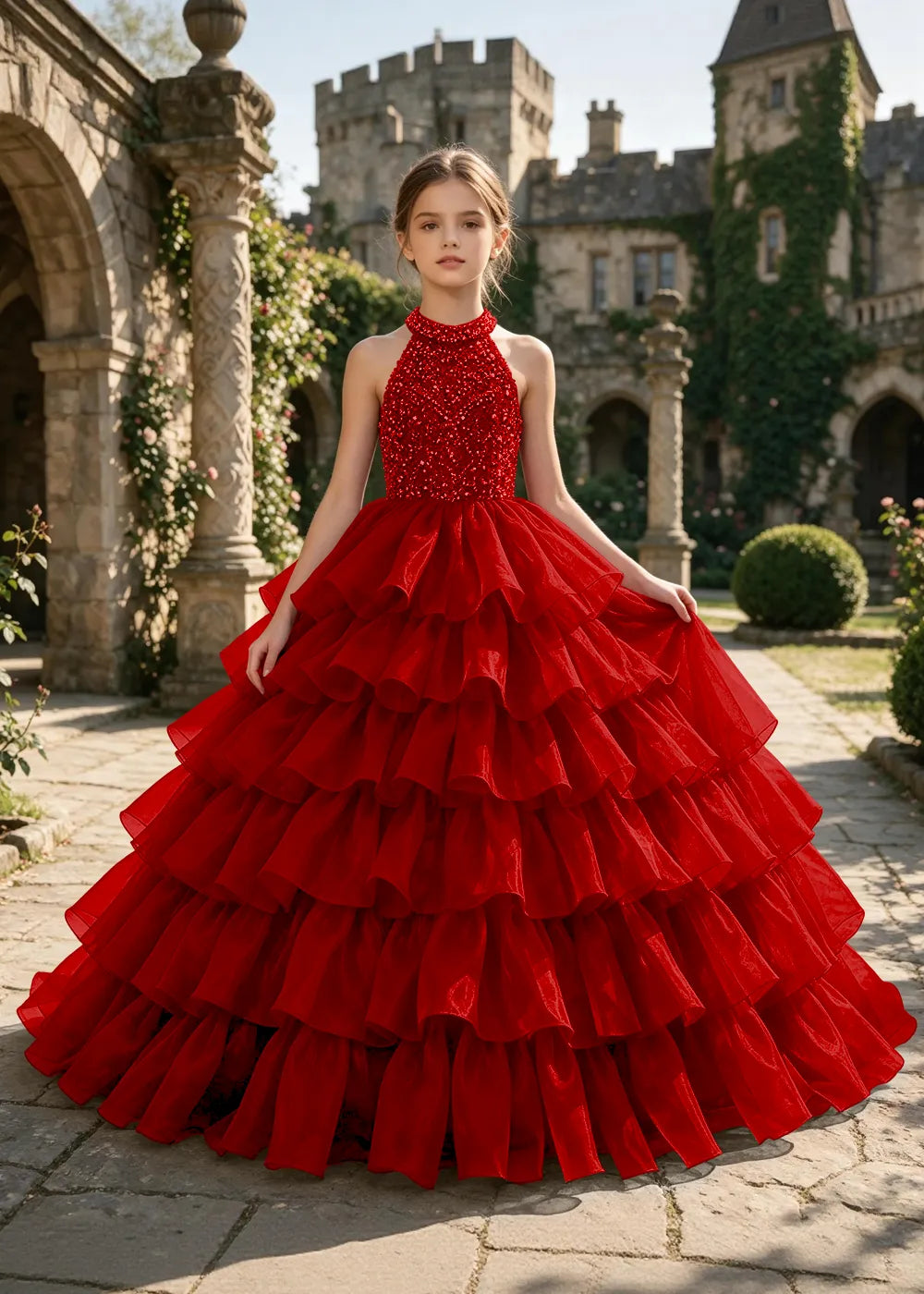 Halter Sequin Tiered Pageant Ball Gown for Girls