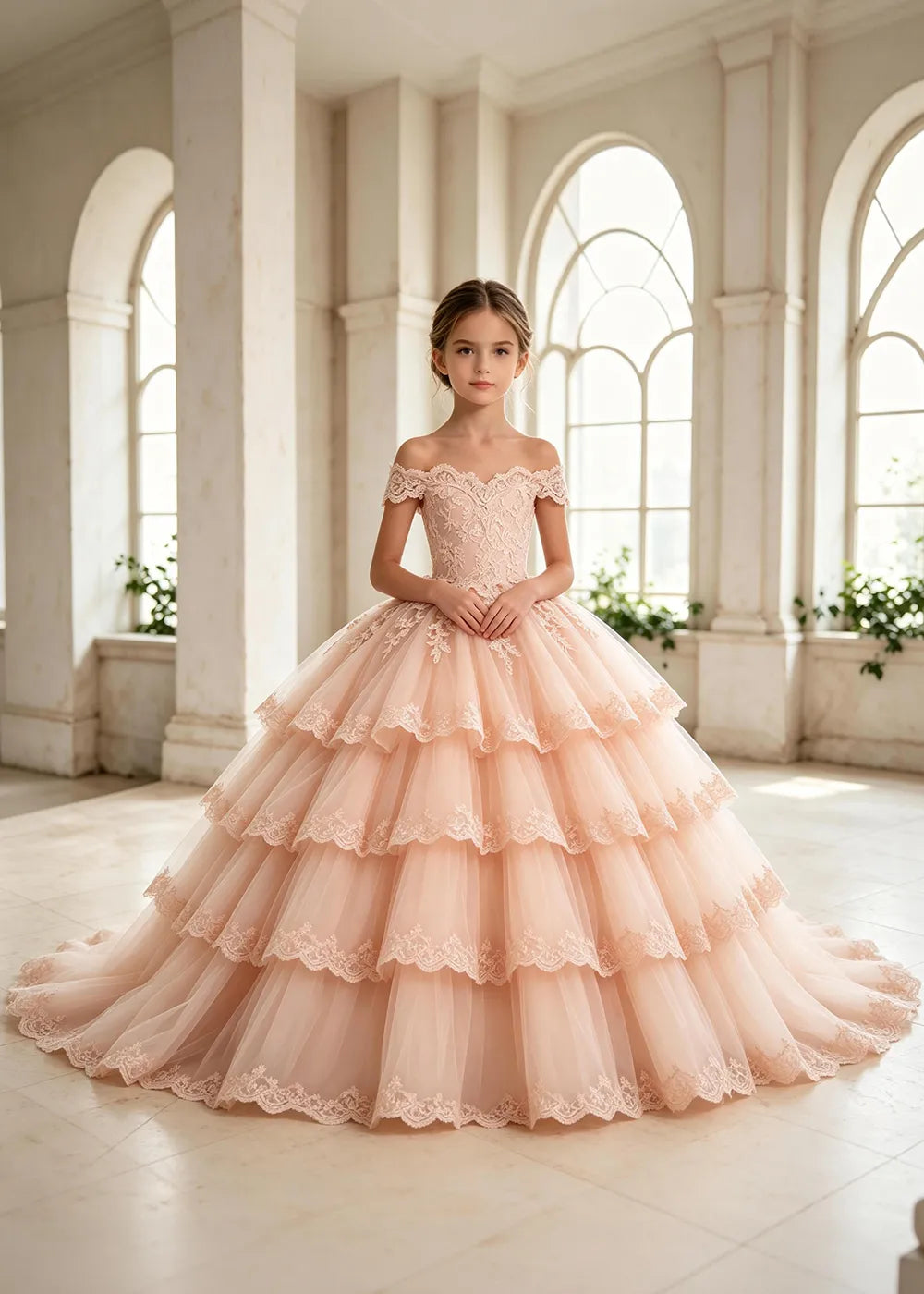 Off Shoulder Lace Tulle Ball Gown Dress