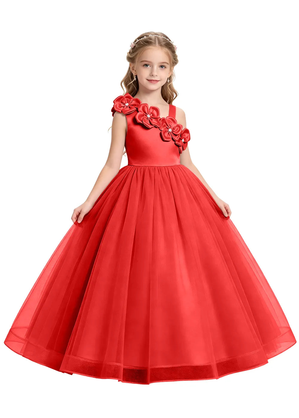 Asymmetrical Flower Appliqué Tulle Formal Dress
