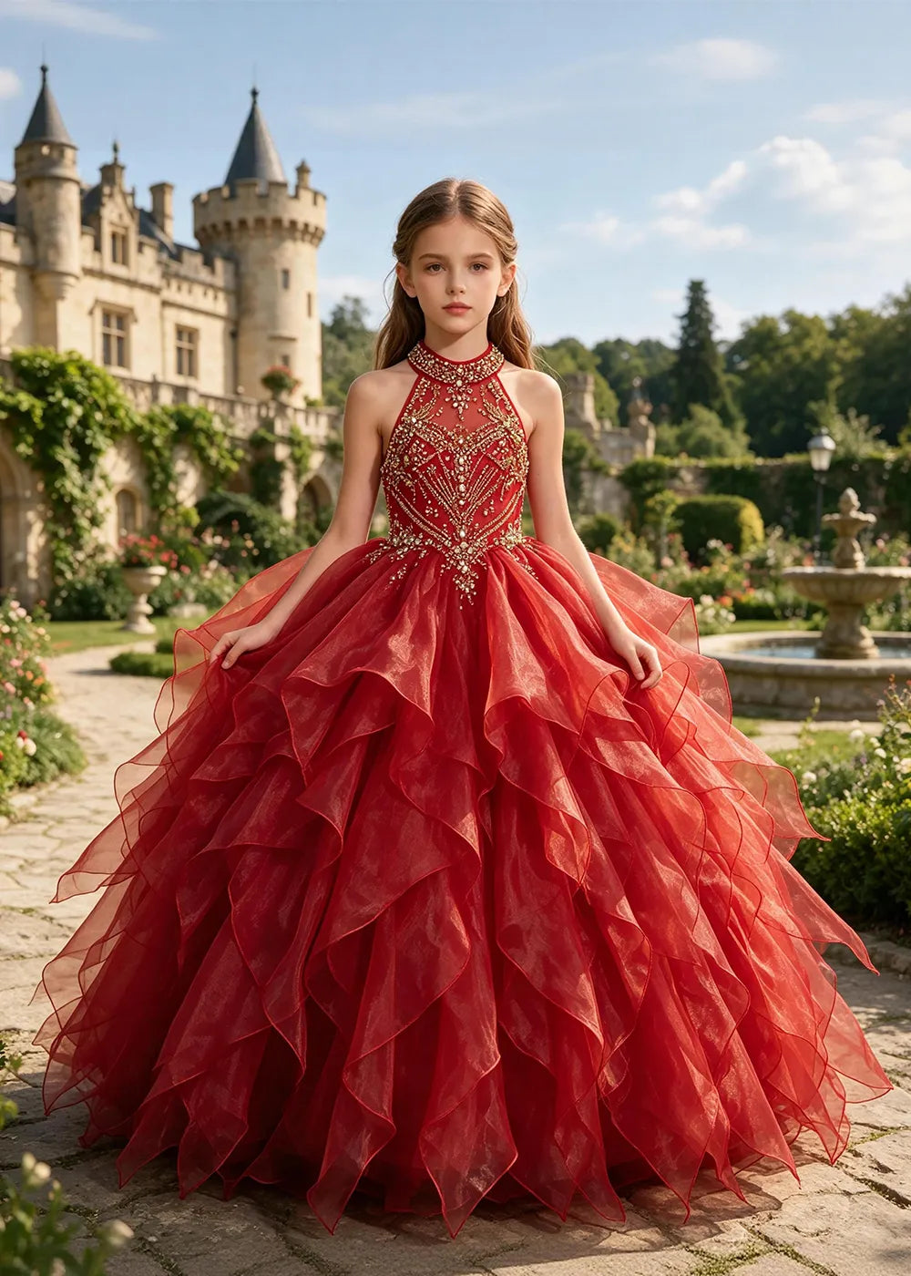オフショルダーのレースプリンセスドレス