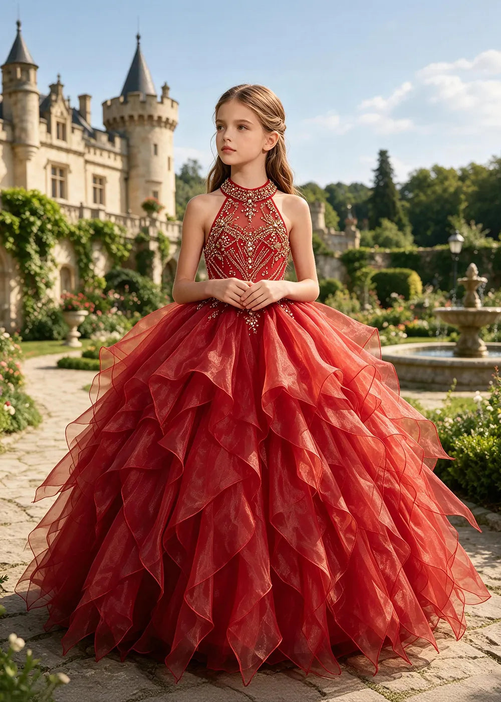 オフショルダーのレースプリンセスドレス
