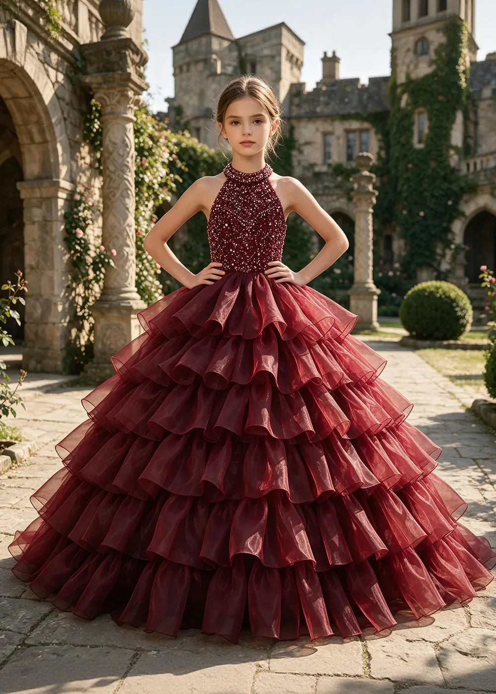 Halter Sequin Tiered Pageant Ball Gown for Girls