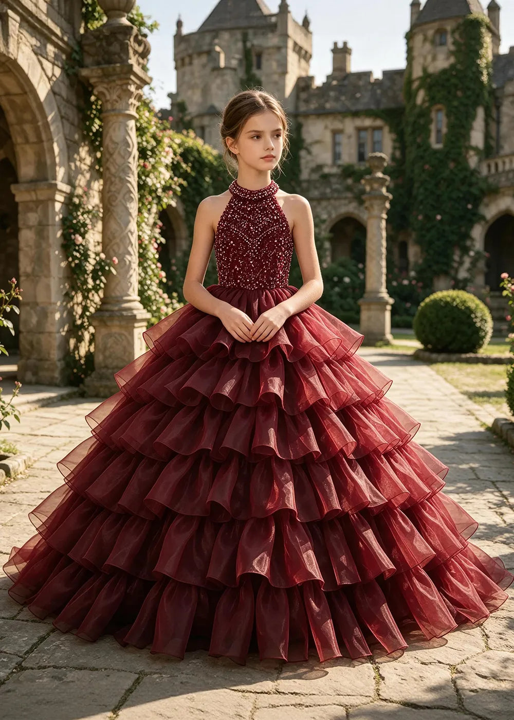 Halter Sequin Tiered Pageant Ball Gown for Girls