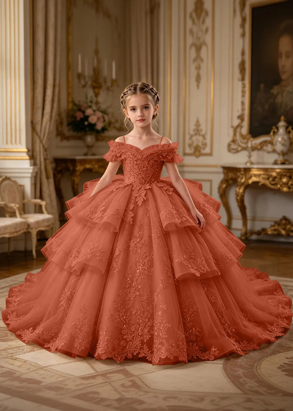 Luxury Princess Tulle Dress with Embroidered Lace and Long Train