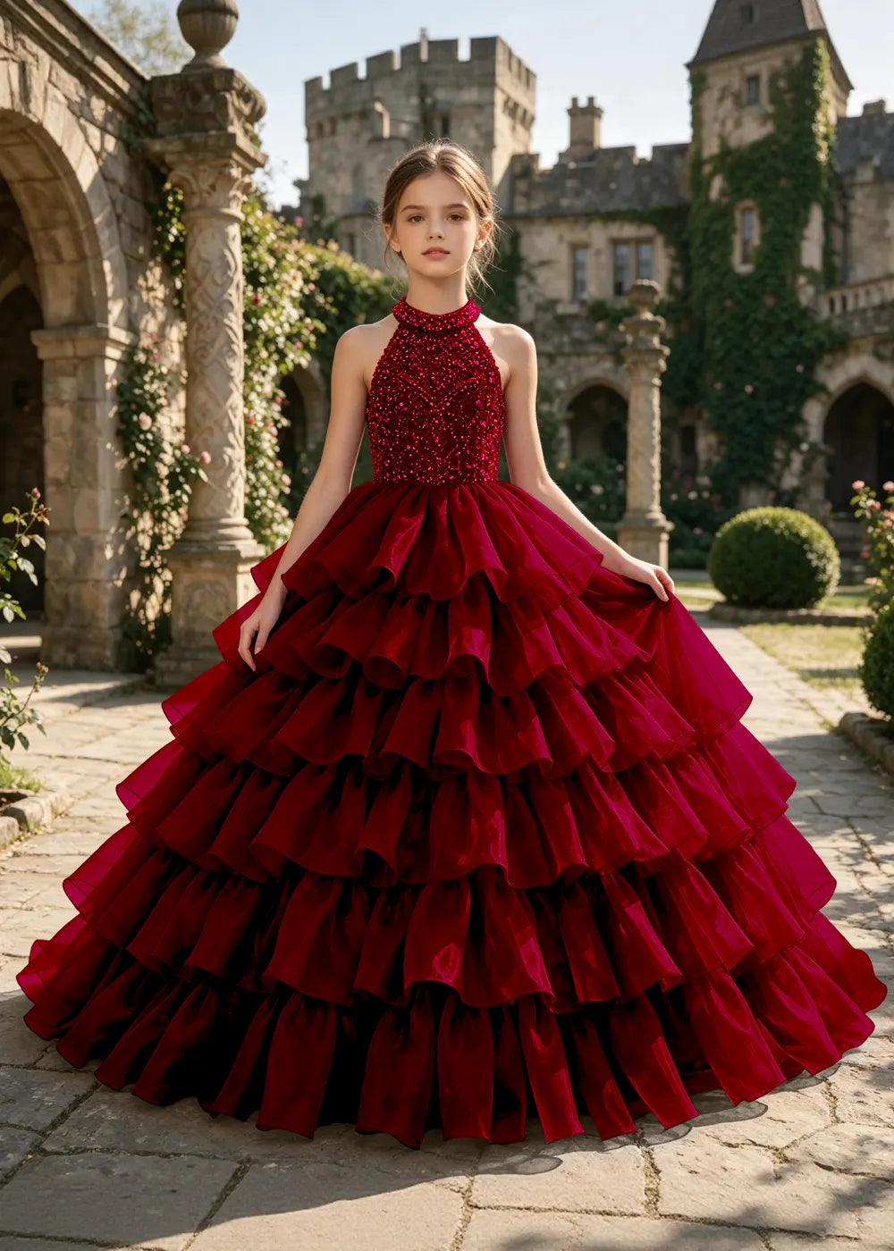 Halter Sequin Tiered Pageant Ball Gown for Girls