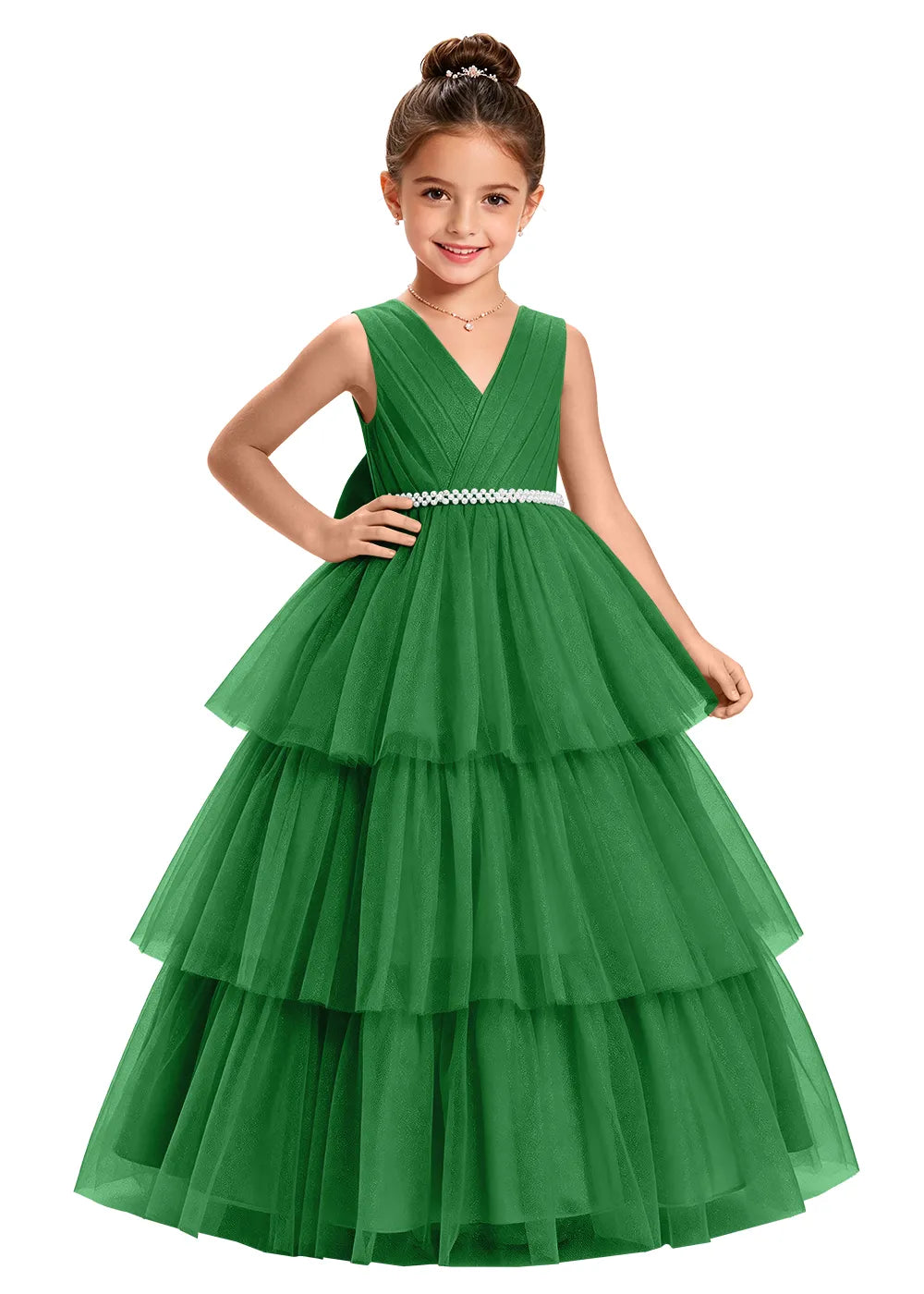 V-Neck Tiered Tulle Girls Princess Dress