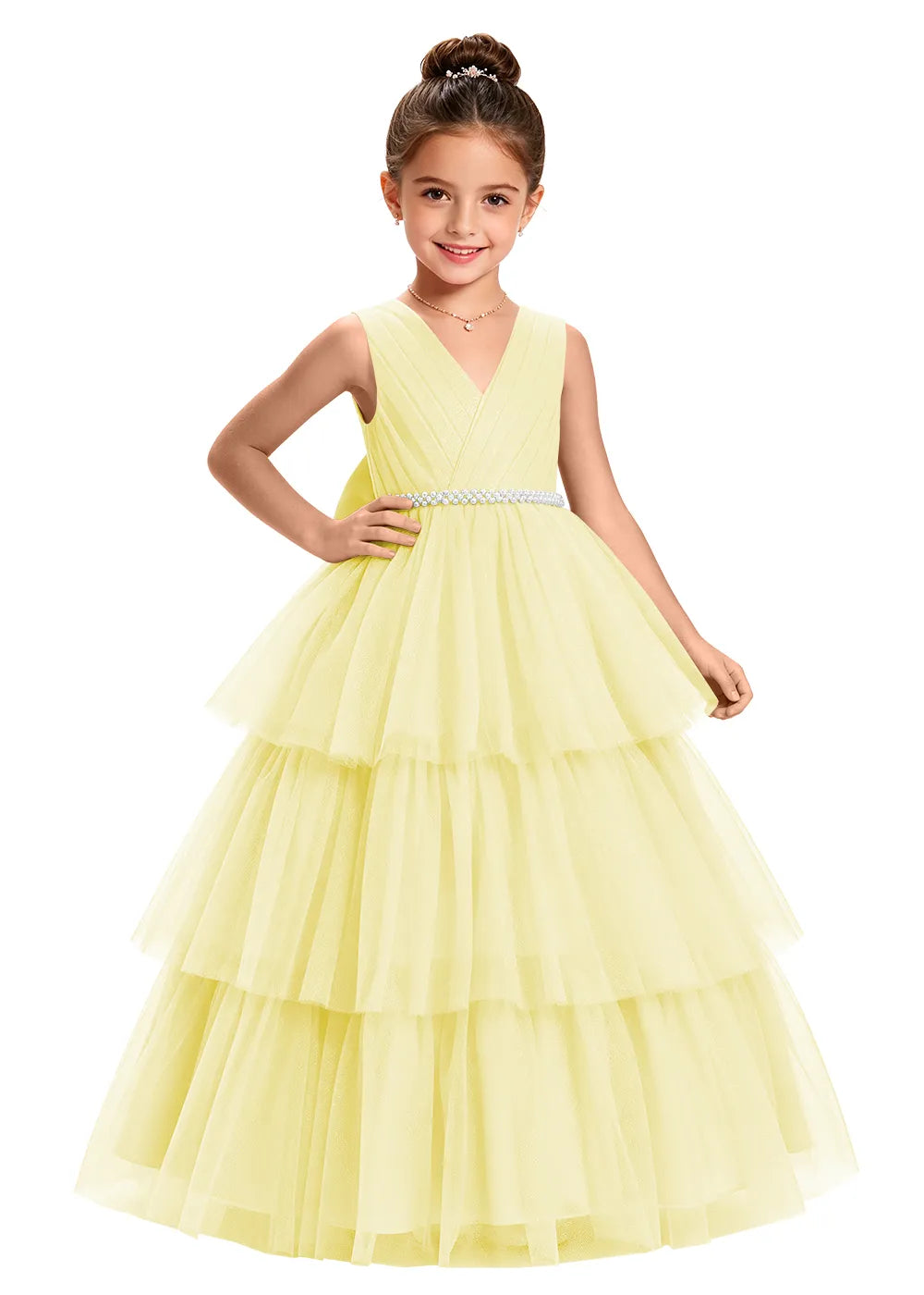 V-Neck Tiered Tulle Girls Princess Dress