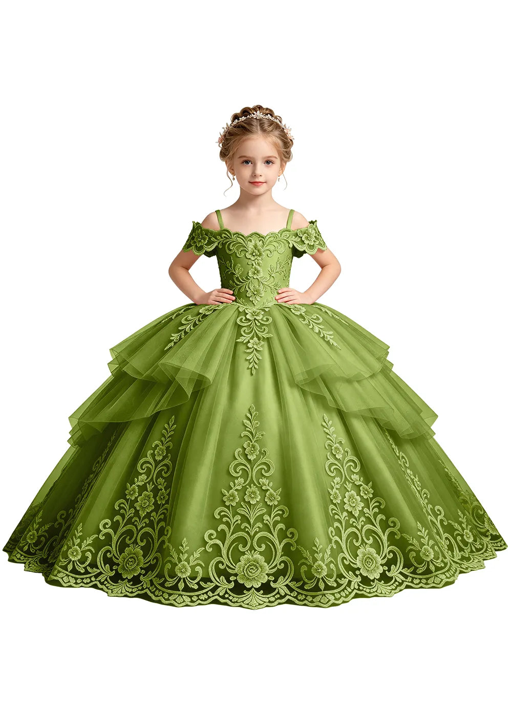 Tiered Floral Lace Princess Ball Gown for Girls