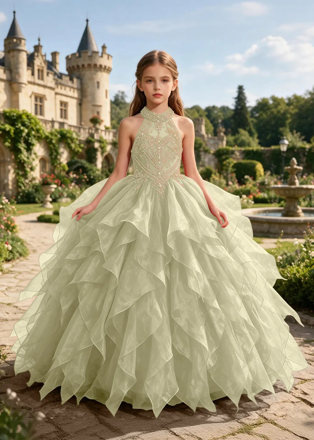 オフショルダーのレースプリンセスドレス