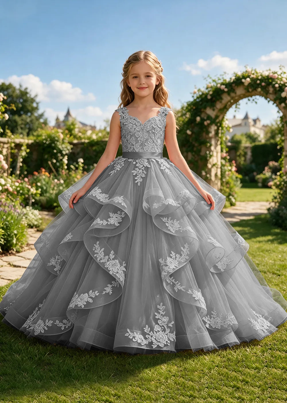Floral Lace Corset-Back Flower Girl Ball Gown