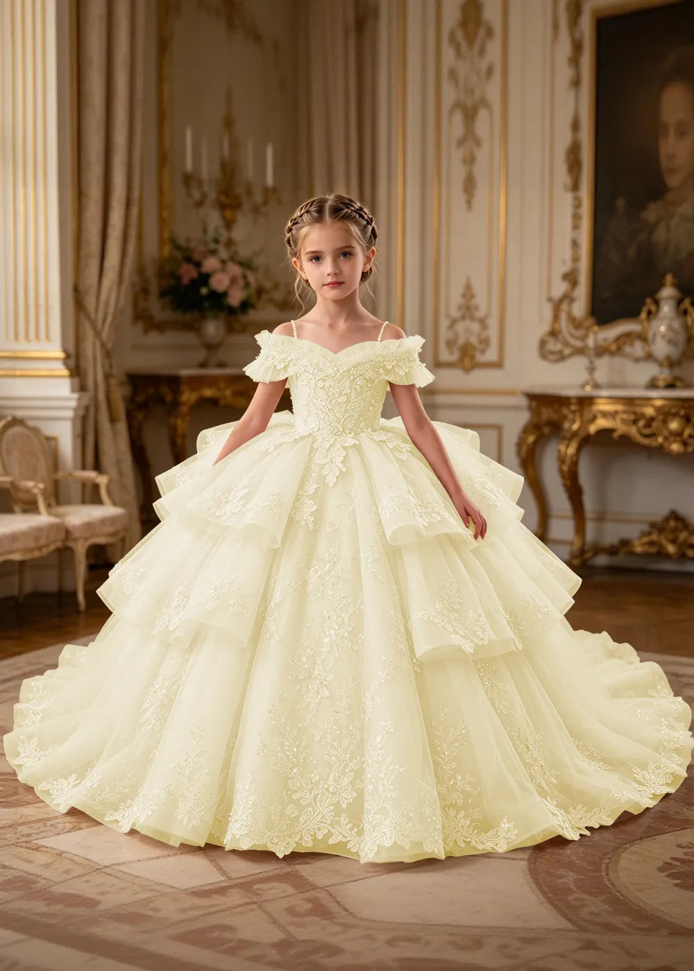 Luxury Princess Tulle Dress with Embroidered Lace and Long Train