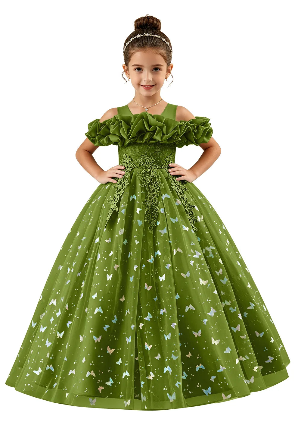 Off-Shoulder Butterfly Tulle Flower Girl Dress