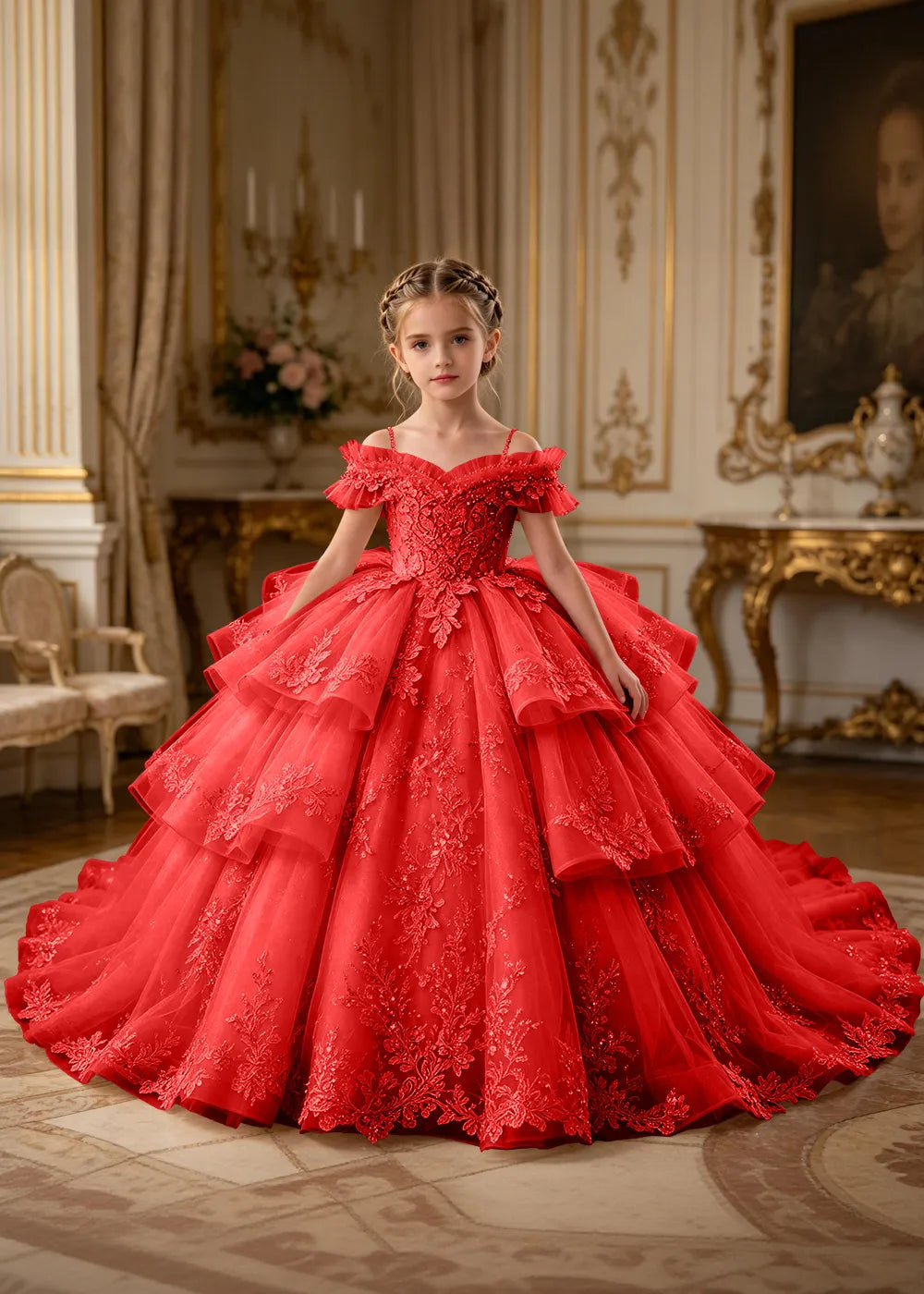 Luxury Princess Tulle Dress with Embroidered Lace and Long Train