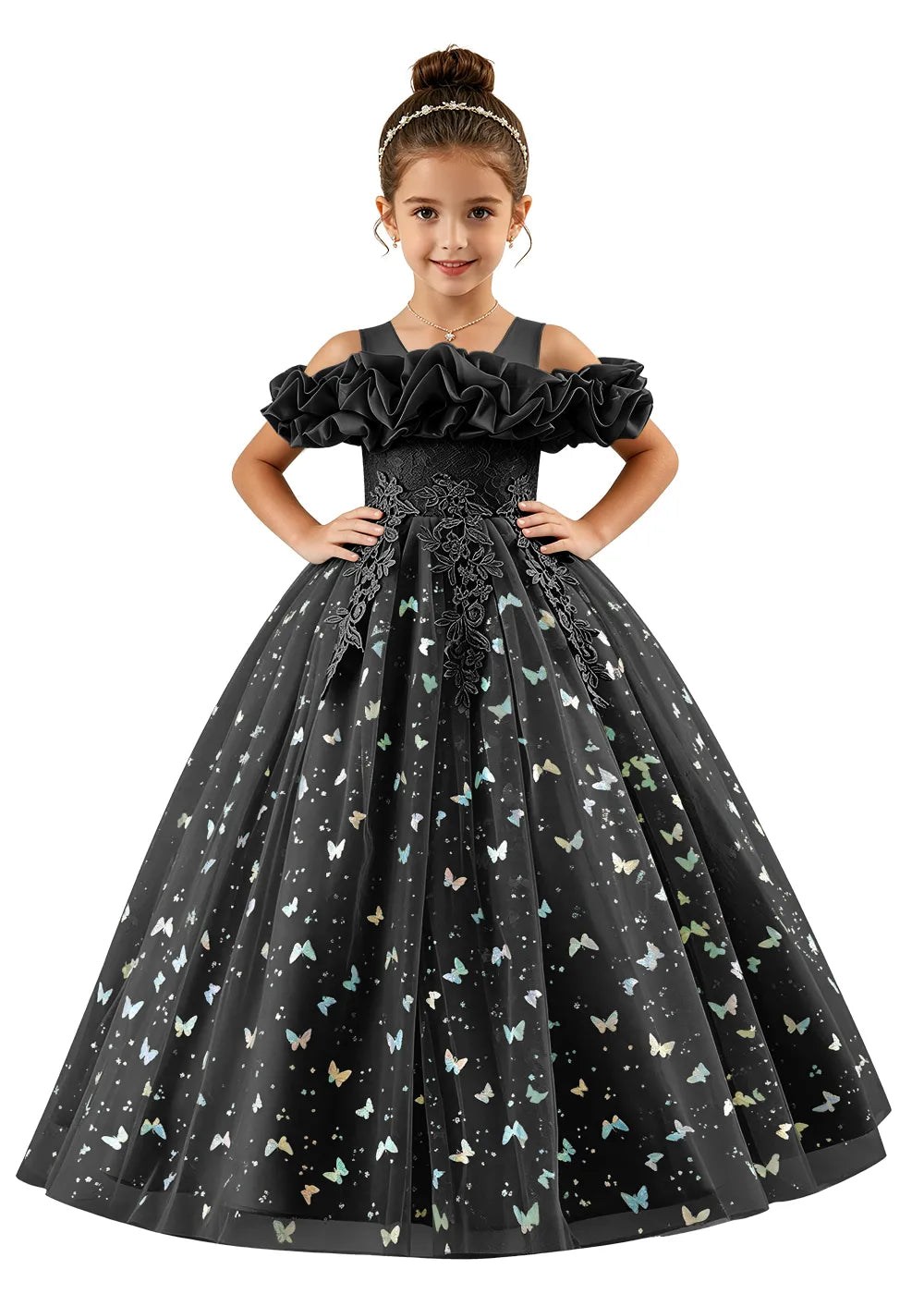 Off-Shoulder Butterfly Tulle Flower Girl Dress