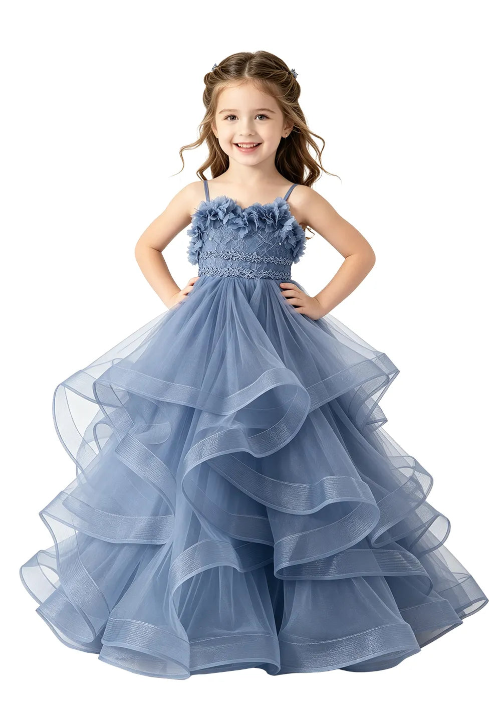 3D Floral Ruffle Tulle Girls Ball Gown