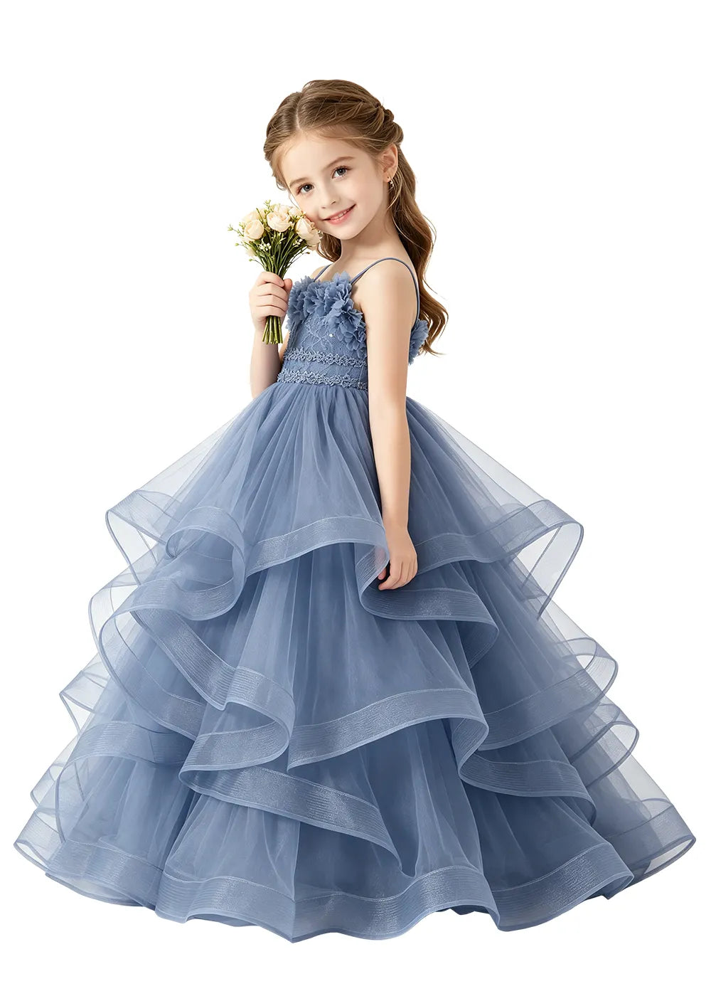 3D Floral Ruffle Tulle Girls Ball Gown