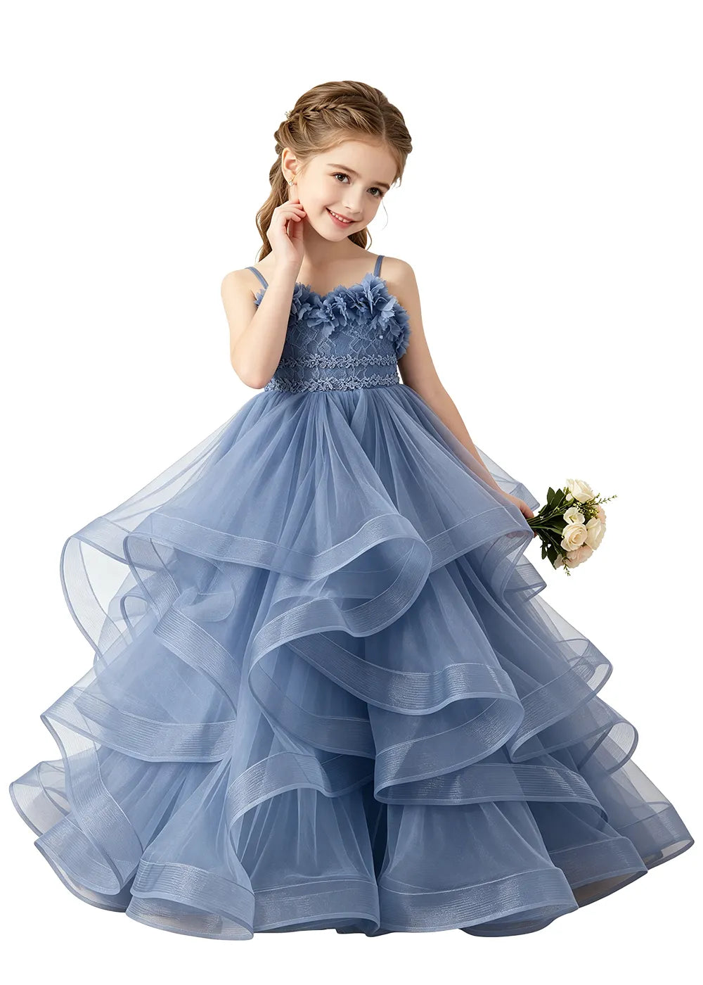 3D Floral Ruffle Tulle Girls Ball Gown