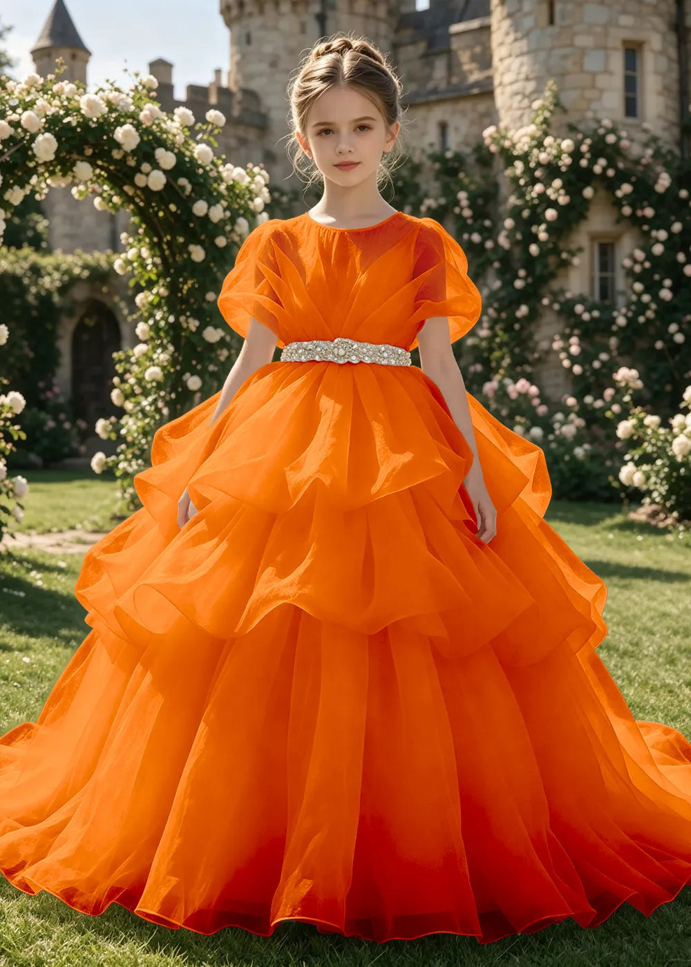 Jeweled Waist Puff Sleeve Flower Girl Ball Gown