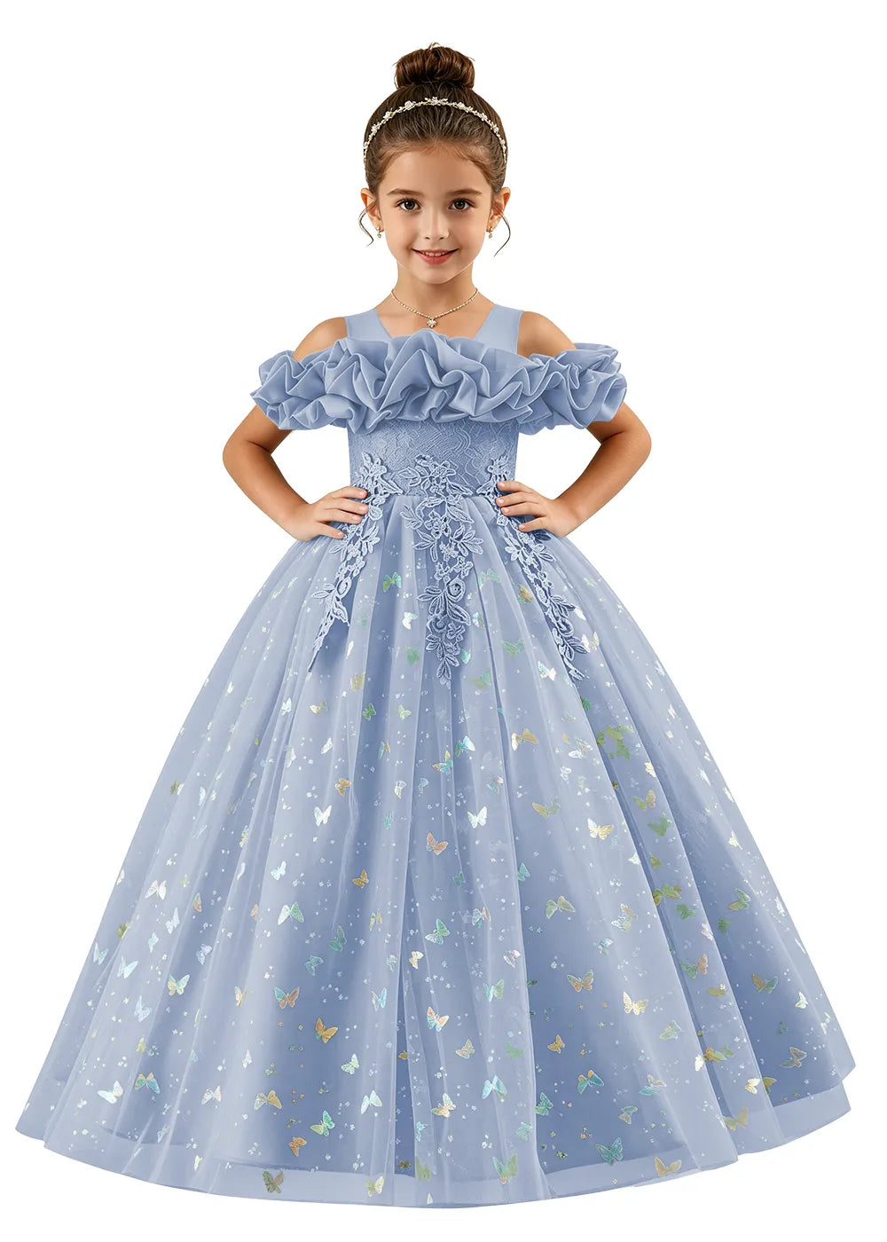 Off-Shoulder Butterfly Tulle Flower Girl Dress
